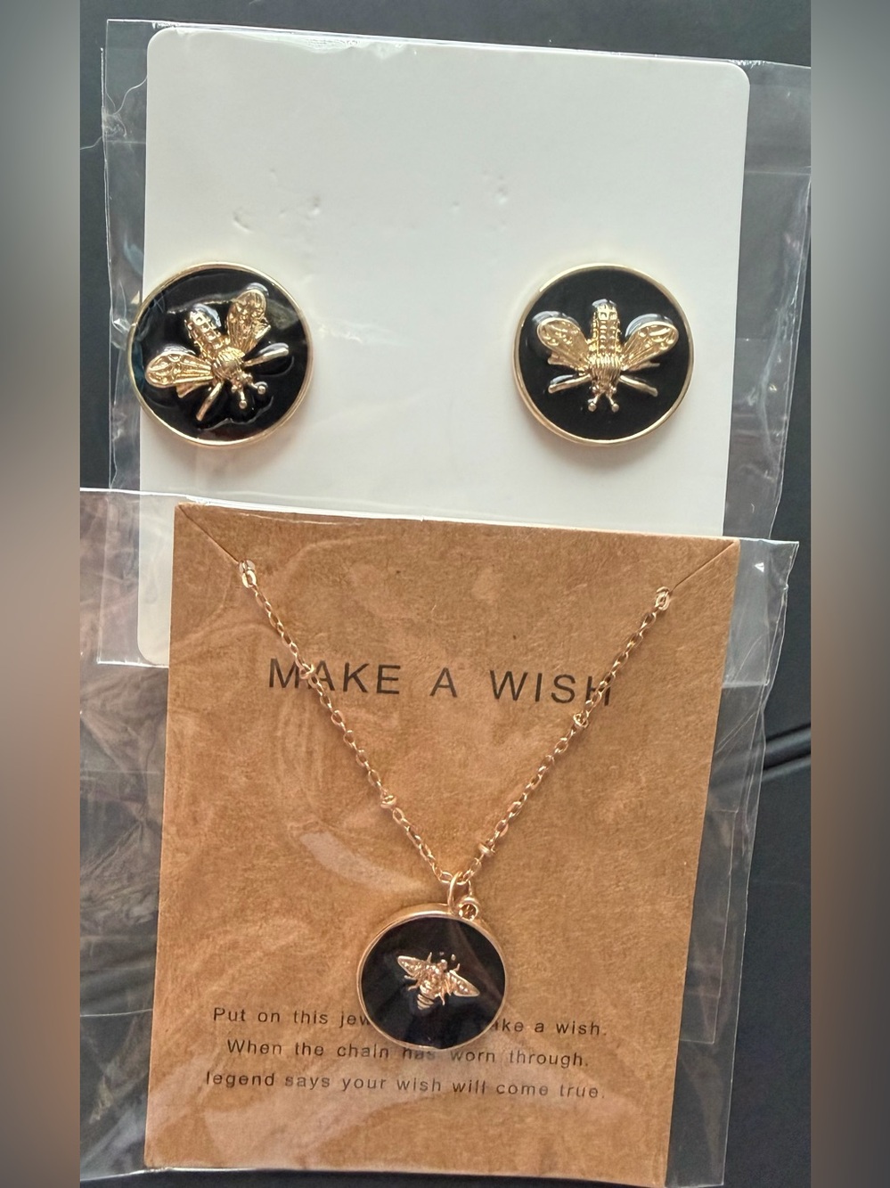 Gold Bee Pendant Necklace and Stud Earrings Set - Black NWT